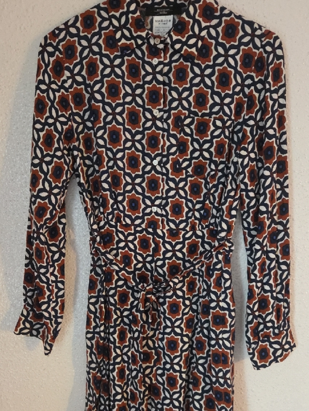 MaxMara Navy and Rust Geometric Long-Sleeve Shirt Dress - Picture 5 of 10